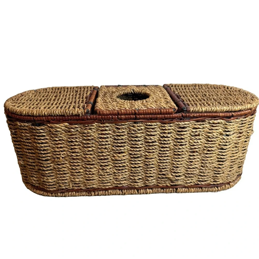 Vintage Wicker Rattan 3- Part Basket Tissue Holder Organizer Storage